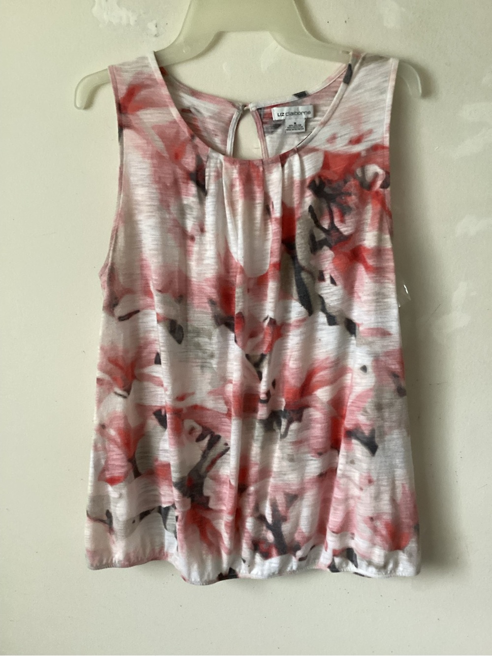 Liz Claiborne White Floral Keyhole Tank with Pink and Gray Accents